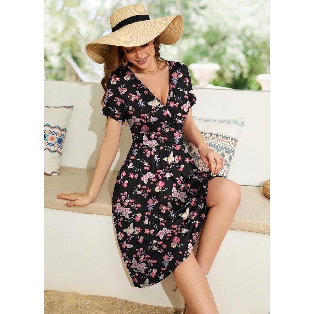 Women Butterfly Short Sleeve V-Neck Floral Stretchy Party Dress with Pockets - Picture 2 of 5